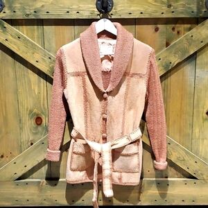 VINTAGE SWEATER LEATHER PATCHES KINIT RETRO HIPPIE BOHO FESTIVAL 70s